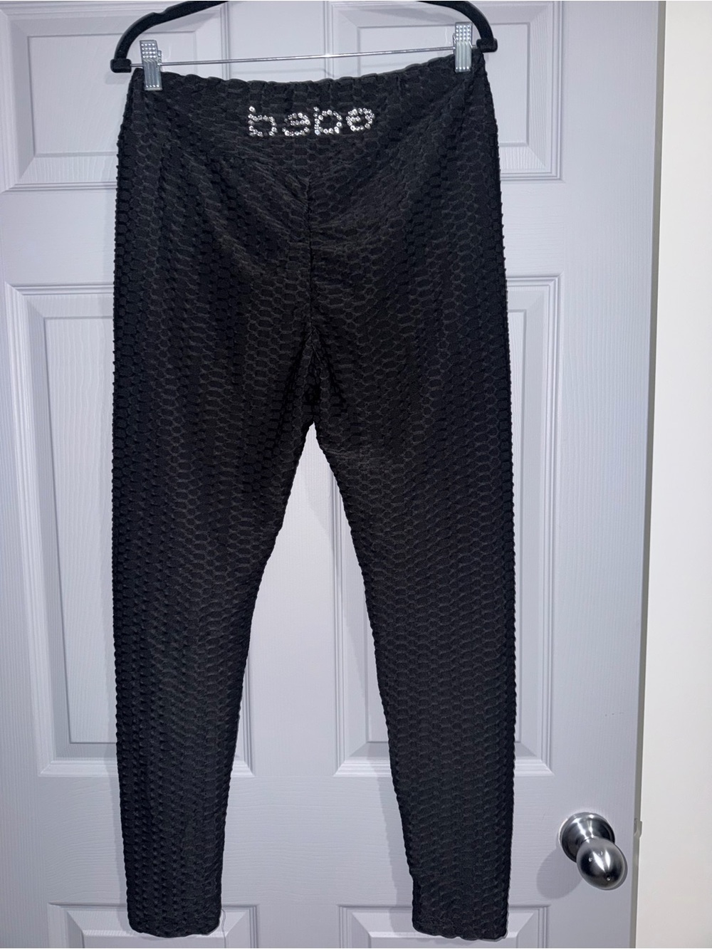 bebe Black Textured Leggings with Rhinestone Logo